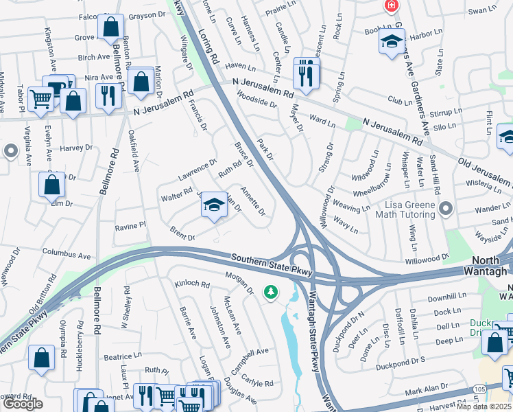 map of restaurants, bars, coffee shops, grocery stores, and more near 909 Annette Drive in Wantagh