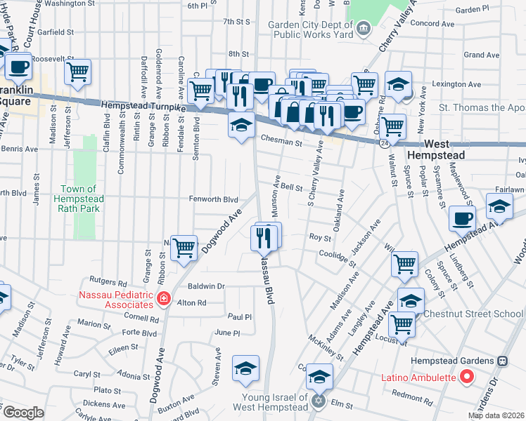 map of restaurants, bars, coffee shops, grocery stores, and more near 104 Munson Avenue in West Hempstead