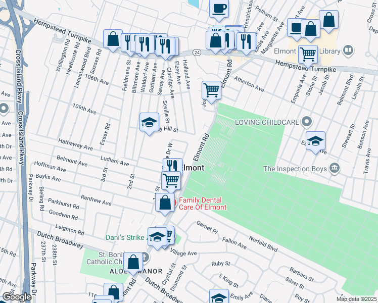 map of restaurants, bars, coffee shops, grocery stores, and more near 109 Circle Drive North in Elmont
