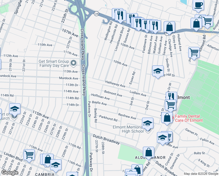 map of restaurants, bars, coffee shops, grocery stores, and more near 134 Hathaway Avenue in Elmont