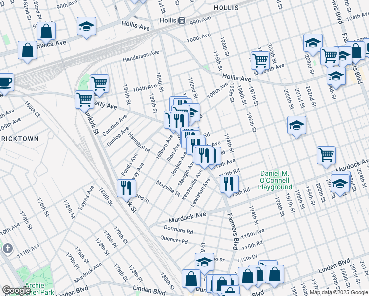 map of restaurants, bars, coffee shops, grocery stores, and more near 190-18 110th Road in Queens