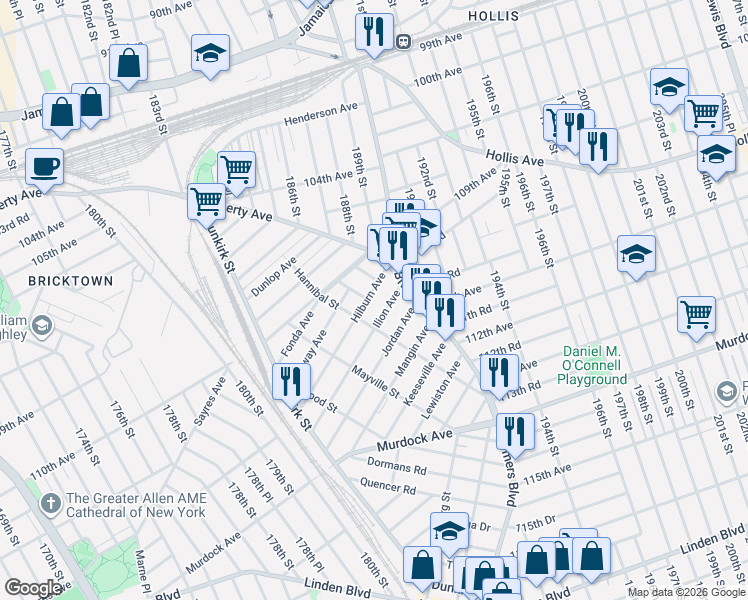 map of restaurants, bars, coffee shops, grocery stores, and more near 187-50 Hilburn Avenue in Queens