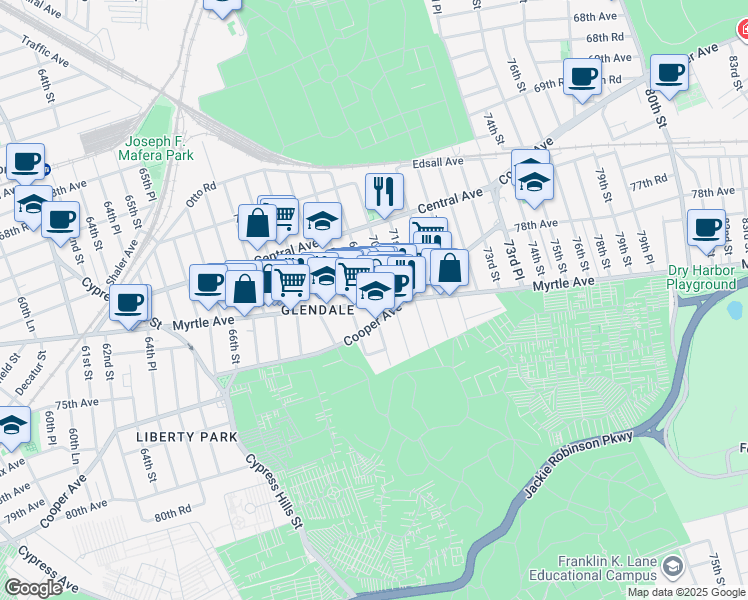 map of restaurants, bars, coffee shops, grocery stores, and more near 71-58 69th Place in Queens