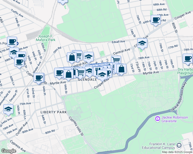 map of restaurants, bars, coffee shops, grocery stores, and more near 71-58 69th Place in Queens