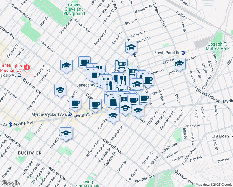 map of restaurants, bars, coffee shops, grocery stores, and more near 792 Onderdonk Avenue in Queens