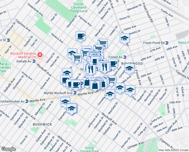 map of restaurants, bars, coffee shops, grocery stores, and more near in Queens