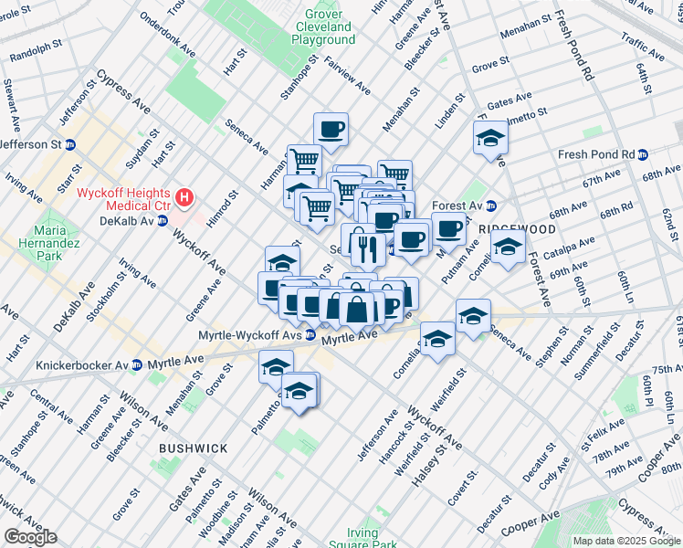 map of restaurants, bars, coffee shops, grocery stores, and more near 17-07 Gates Avenue in Queens
