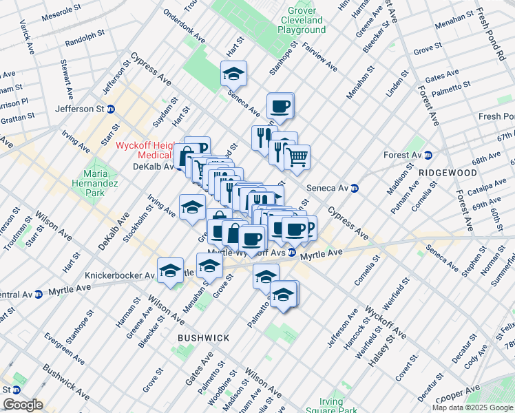 map of restaurants, bars, coffee shops, grocery stores, and more near 397 Bleecker Street in Brooklyn