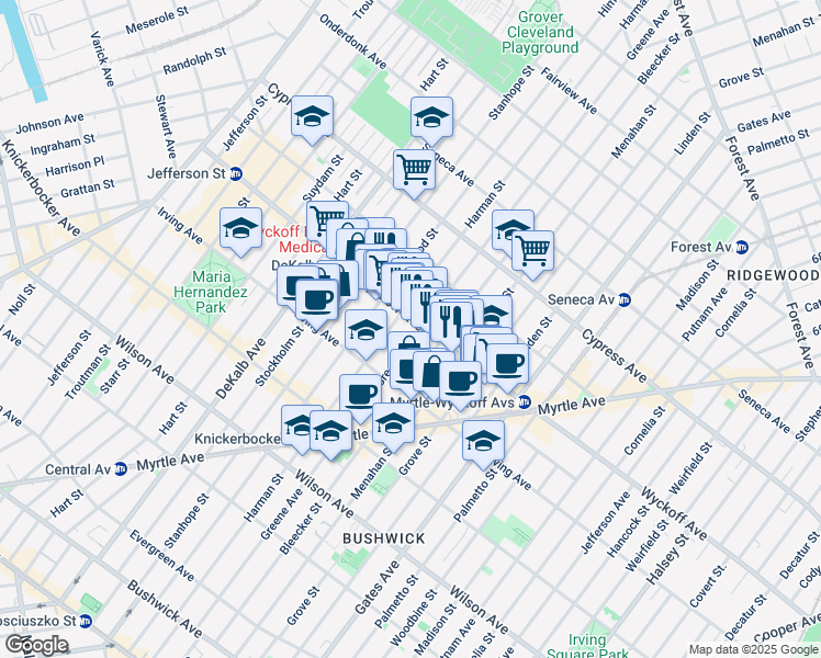 map of restaurants, bars, coffee shops, grocery stores, and more near 1455 Greene Avenue in Brooklyn