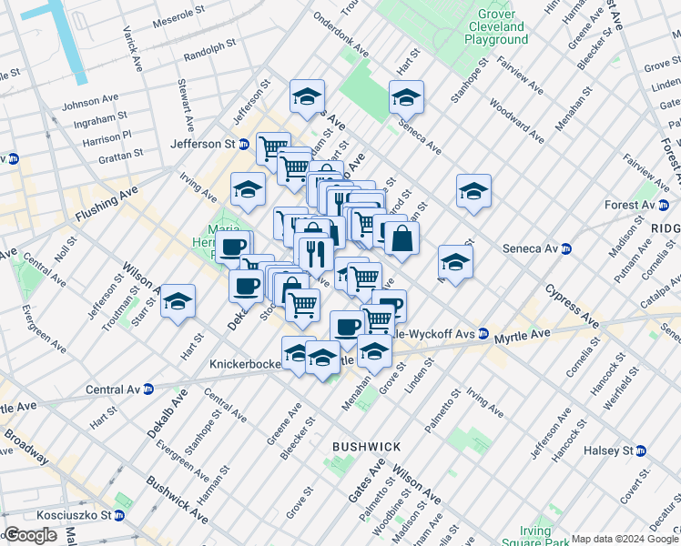 map of restaurants, bars, coffee shops, grocery stores, and more near 300 Stanhope Street in Brooklyn