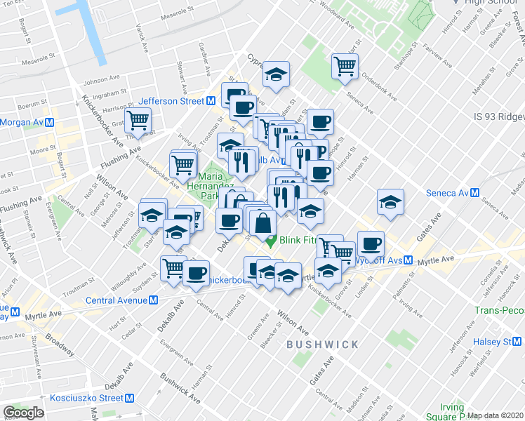map of restaurants, bars, coffee shops, grocery stores, and more near 281 Stockholm Street in Brooklyn