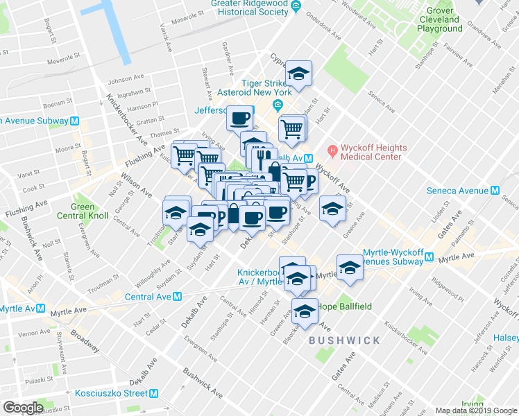 map of restaurants, bars, coffee shops, grocery stores, and more near 288 Suydam Street in Brooklyn