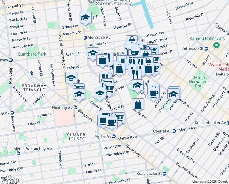 map of restaurants, bars, coffee shops, grocery stores, and more near 945 Flushing Avenue in Brooklyn