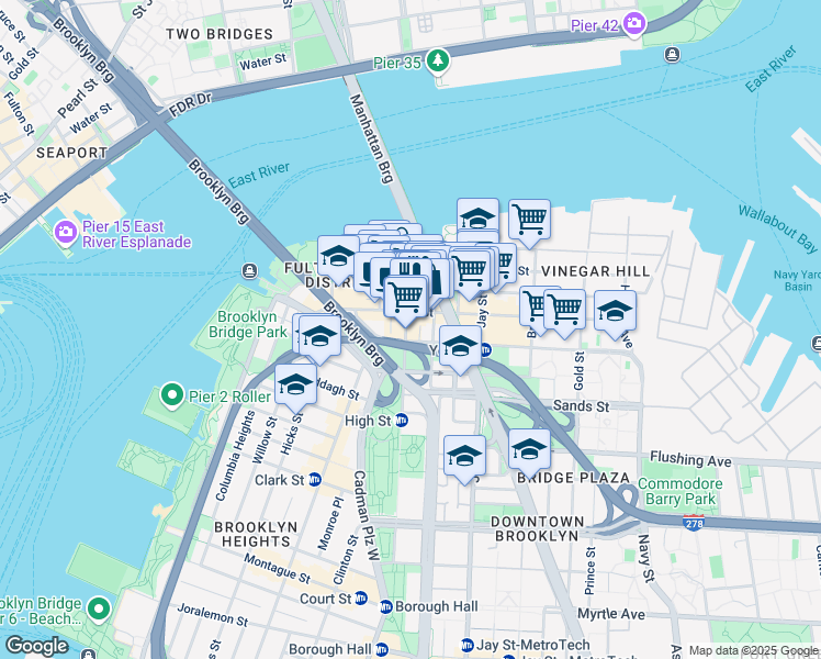 map of restaurants, bars, coffee shops, grocery stores, and more near 111 Front Street in Brooklyn