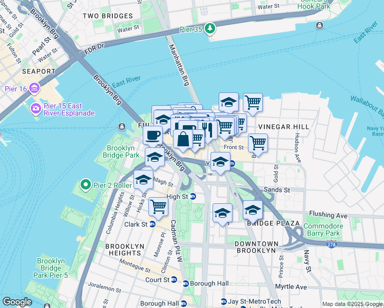 map of restaurants, bars, coffee shops, grocery stores, and more near 81 Front Street in Brooklyn