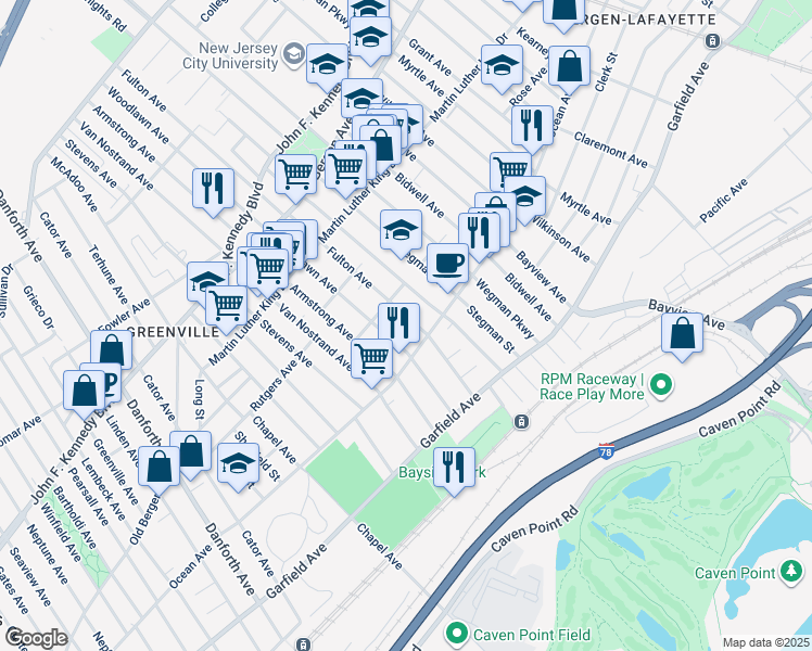 map of restaurants, bars, coffee shops, grocery stores, and more near 100 Fulton Avenue in Jersey City