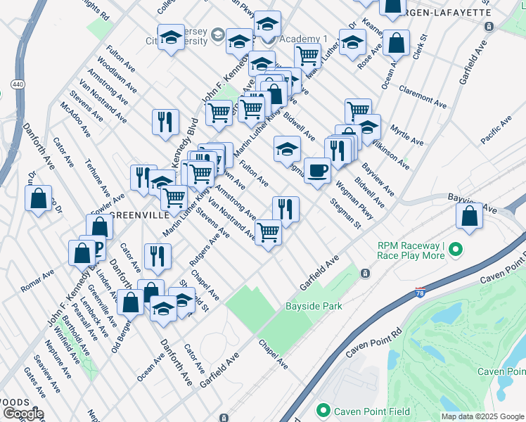 map of restaurants, bars, coffee shops, grocery stores, and more near 118-120 Woodlawn Avenue in Jersey City