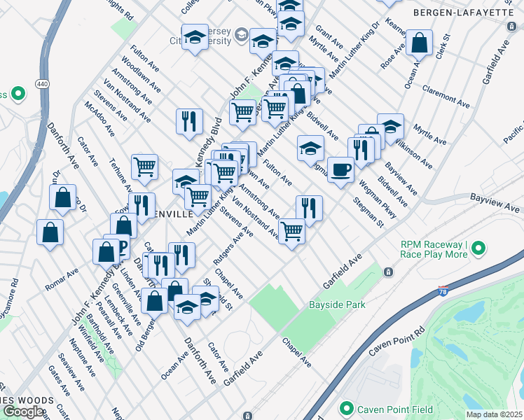map of restaurants, bars, coffee shops, grocery stores, and more near 164 Rose Avenue in Jersey City