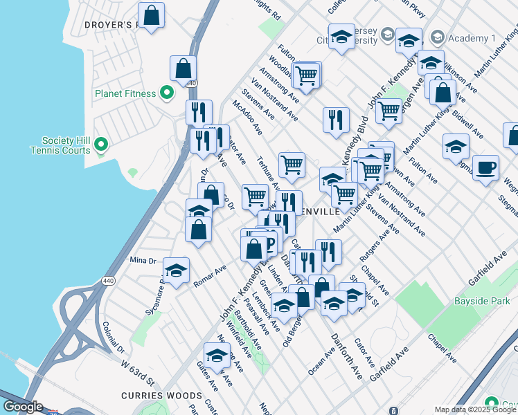 map of restaurants, bars, coffee shops, grocery stores, and more near 315 Cator Avenue in Jersey City