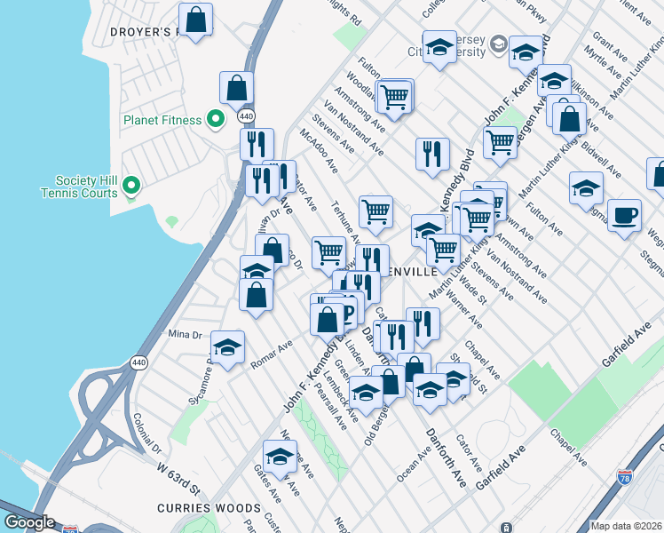 map of restaurants, bars, coffee shops, grocery stores, and more near 315 Cator Avenue in Jersey City