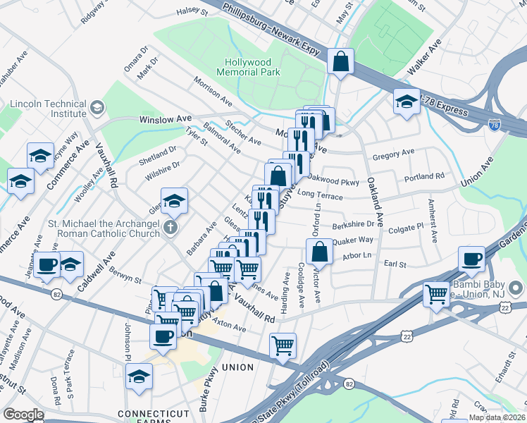 map of restaurants, bars, coffee shops, grocery stores, and more near 1328 Camden Court in Union