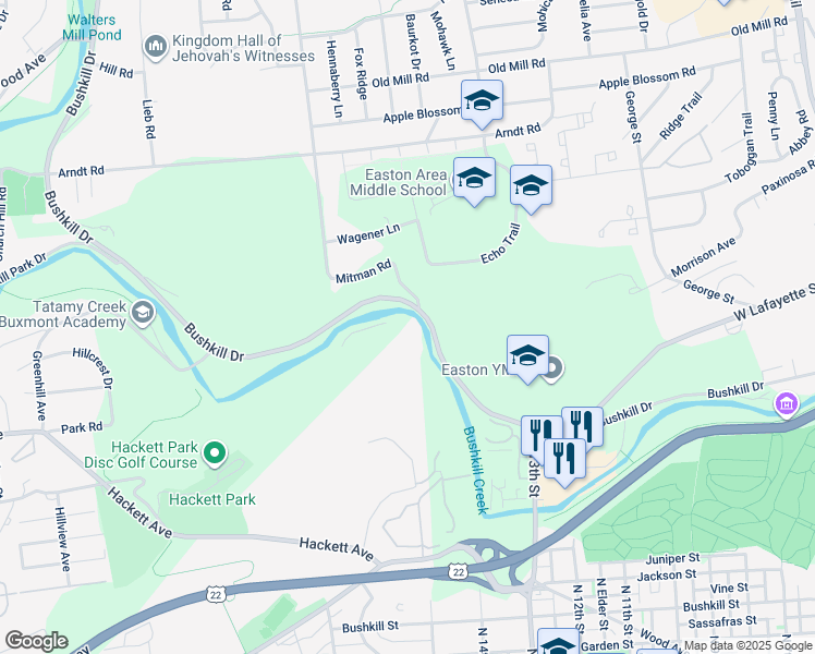 map of restaurants, bars, coffee shops, grocery stores, and more near 1401 Bushkill Drive in Easton