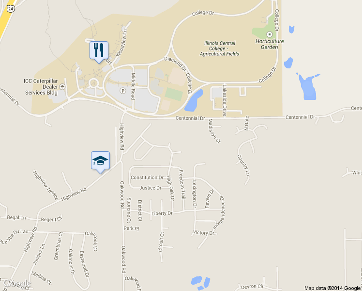 map of restaurants, bars, coffee shops, grocery stores, and more near 100 Cougar Lane in East Peoria