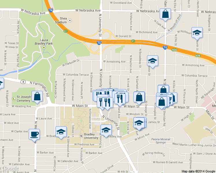map of restaurants, bars, coffee shops, grocery stores, and more near 1210 North Underhill Street in Peoria