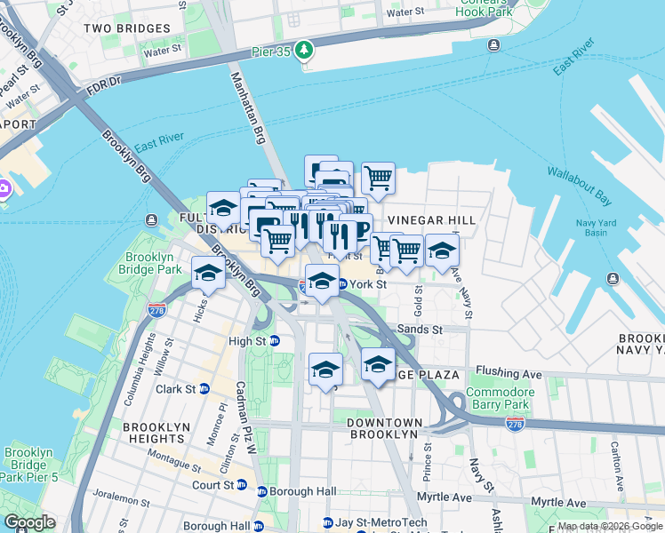 map of restaurants, bars, coffee shops, grocery stores, and more near 141 Front Street in Brooklyn