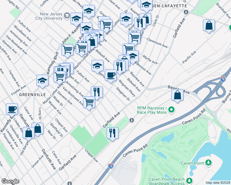 map of restaurants, bars, coffee shops, grocery stores, and more near 60 Stegman Street in Jersey City