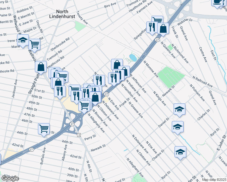 map of restaurants, bars, coffee shops, grocery stores, and more near 120 Sunrise Highway in Lindenhurst