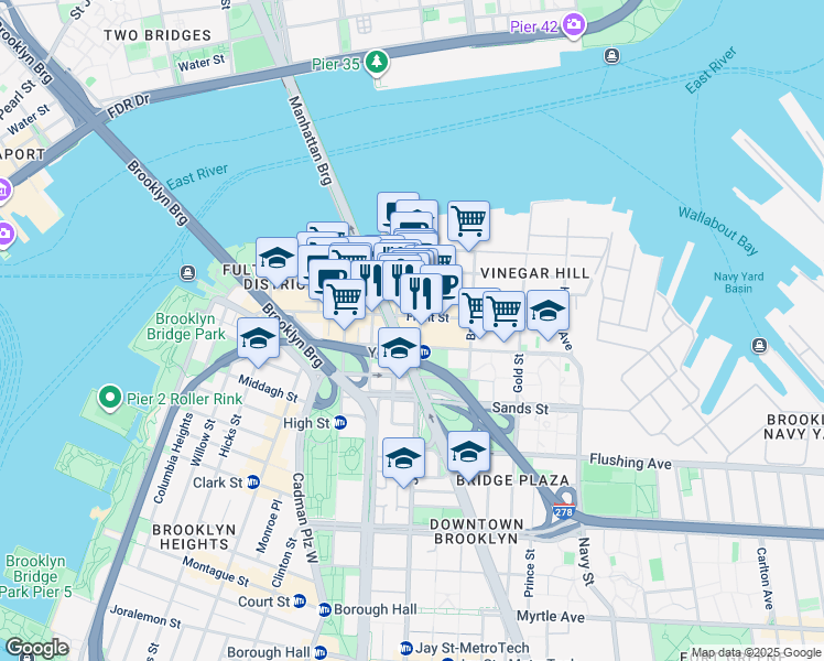 map of restaurants, bars, coffee shops, grocery stores, and more near 100 Jay Street in Brooklyn