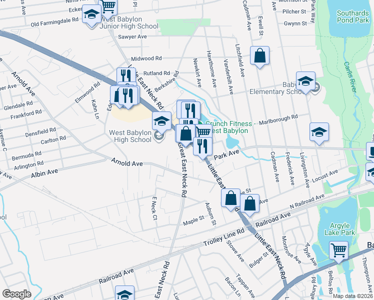 map of restaurants, bars, coffee shops, grocery stores, and more near 419 Great East Neck Road in West Babylon