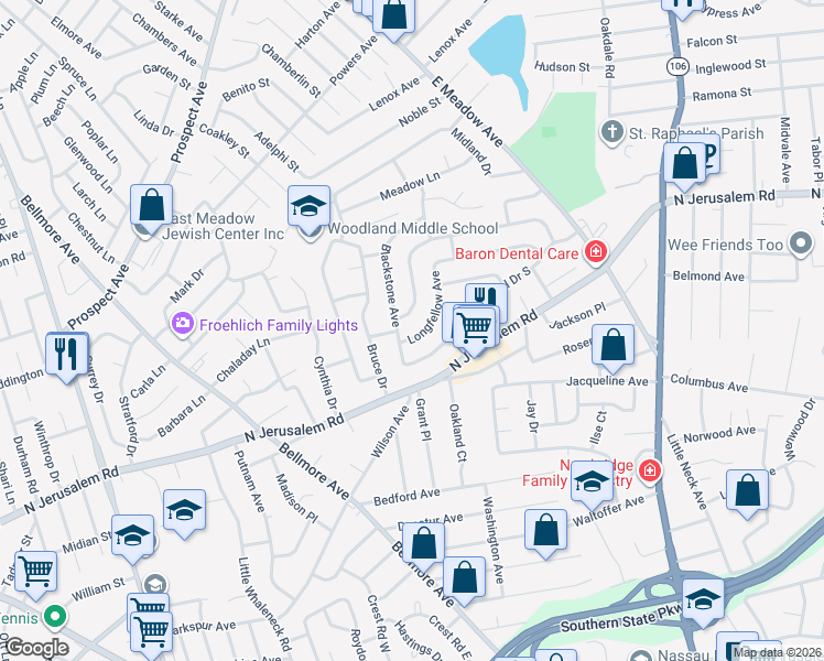 map of restaurants, bars, coffee shops, grocery stores, and more near 1932 Central Drive North in East Meadow