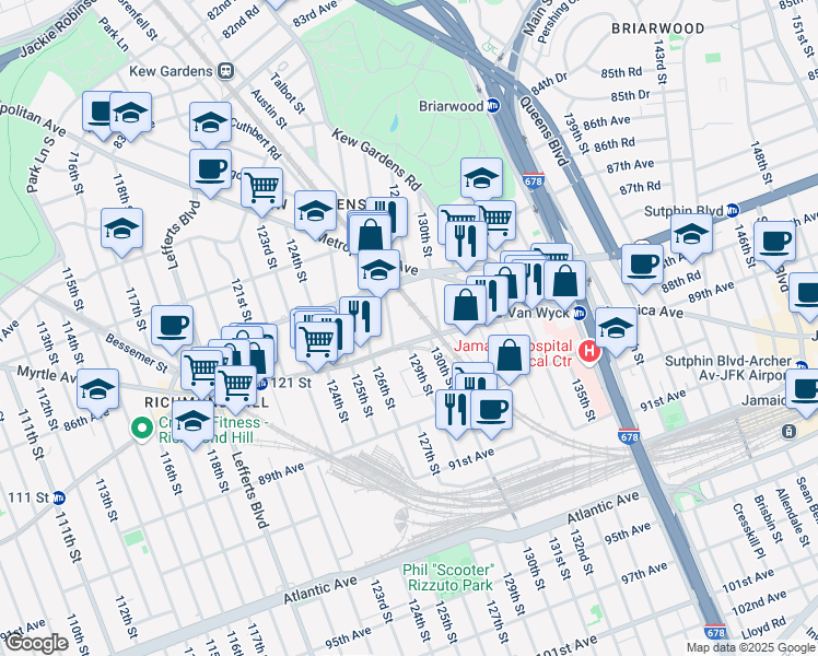 map of restaurants, bars, coffee shops, grocery stores, and more near 129-11 Jamaica Avenue in Queens