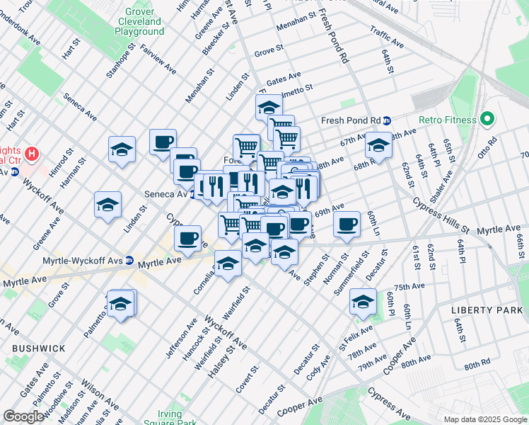 map of restaurants, bars, coffee shops, grocery stores, and more near 18-67 Cornelia Street in Queens
