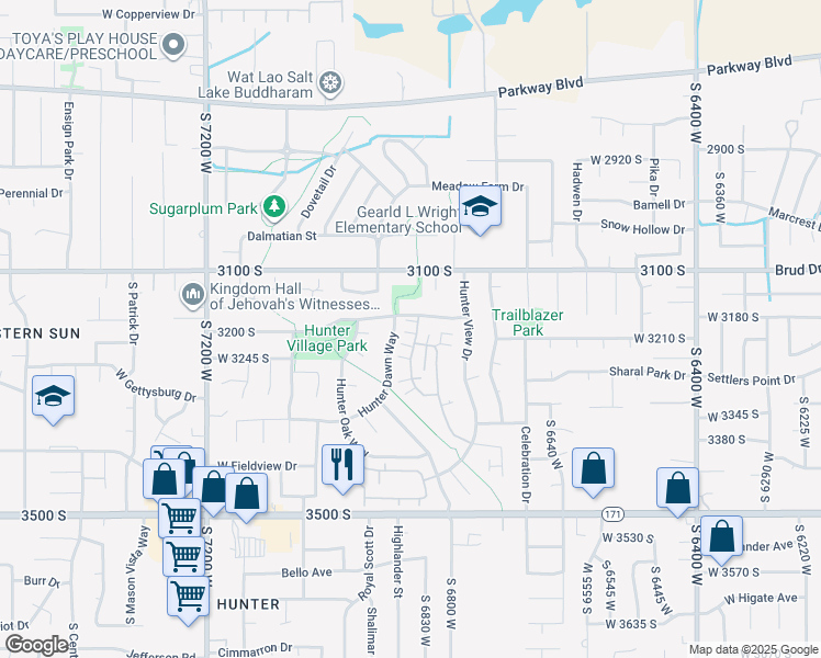 map of restaurants, bars, coffee shops, grocery stores, and more near 3198 Hunter Villa Lane in West Valley City