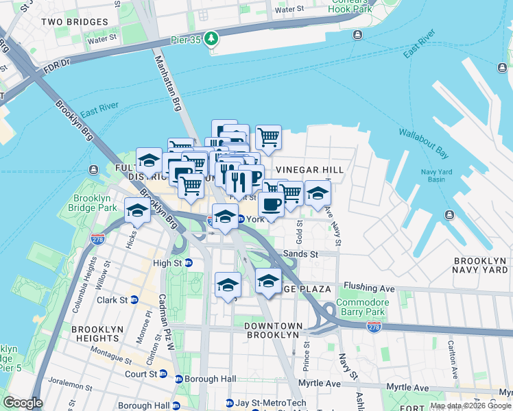 map of restaurants, bars, coffee shops, grocery stores, and more near 160 Front Street in Brooklyn