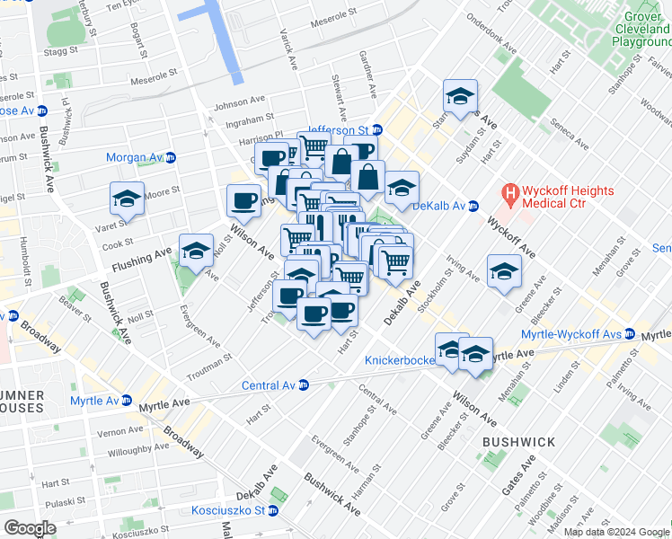 map of restaurants, bars, coffee shops, grocery stores, and more near 244 Knickerbocker Avenue in Brooklyn