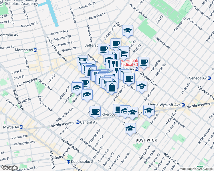 map of restaurants, bars, coffee shops, grocery stores, and more near 288 Suydam Street in Brooklyn