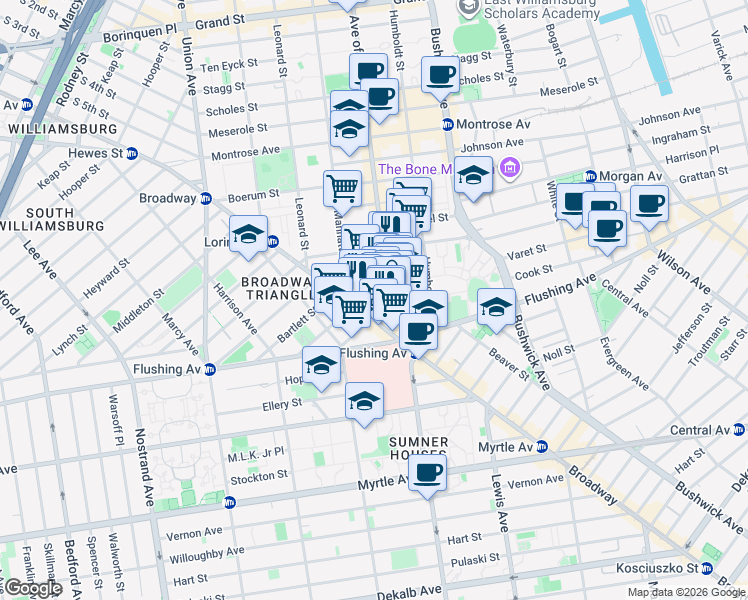 map of restaurants, bars, coffee shops, grocery stores, and more near 31 Graham Avenue in Brooklyn