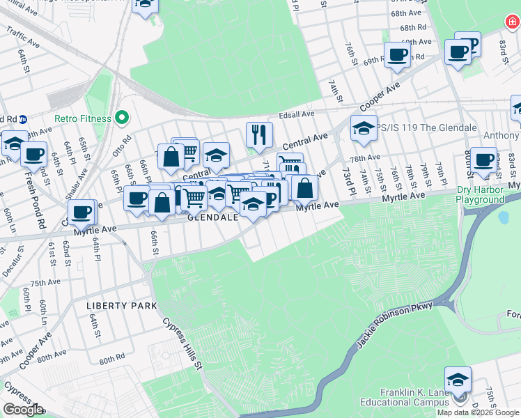 map of restaurants, bars, coffee shops, grocery stores, and more near in Queens