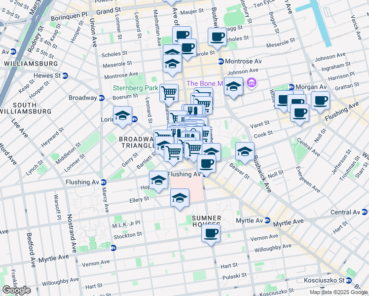 map of restaurants, bars, coffee shops, grocery stores, and more near 44 Varet Street in Brooklyn