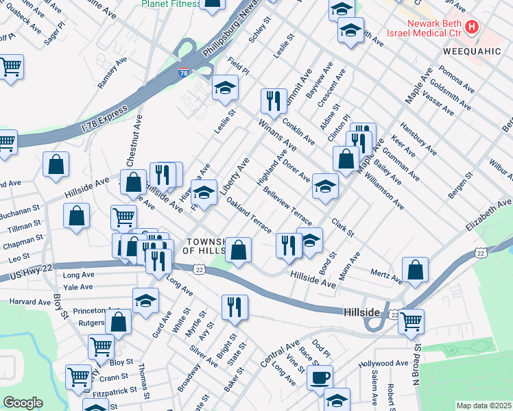 map of restaurants, bars, coffee shops, grocery stores, and more near 1472 Stanley Terrace in Hillside