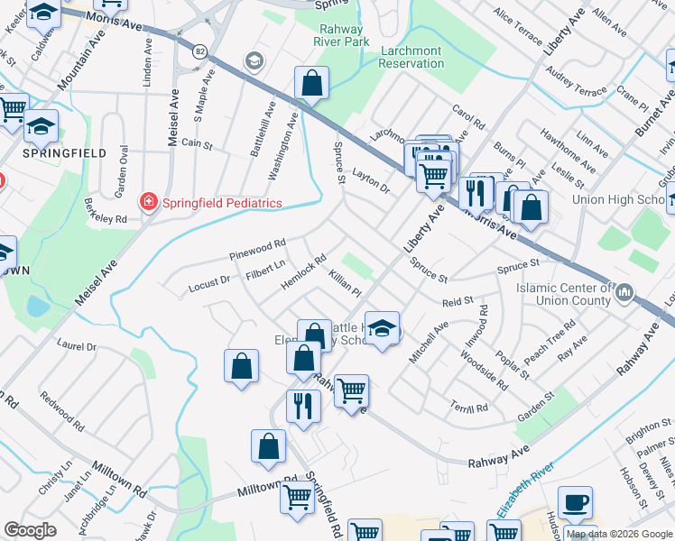 map of restaurants, bars, coffee shops, grocery stores, and more near 809 Hemlock Road in Union