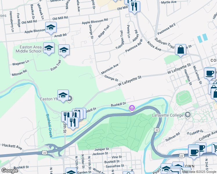 map of restaurants, bars, coffee shops, grocery stores, and more near 1113 West Lafayette Street in Easton