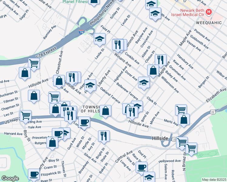 map of restaurants, bars, coffee shops, grocery stores, and more near 1472 Stanley Terrace in Hillside