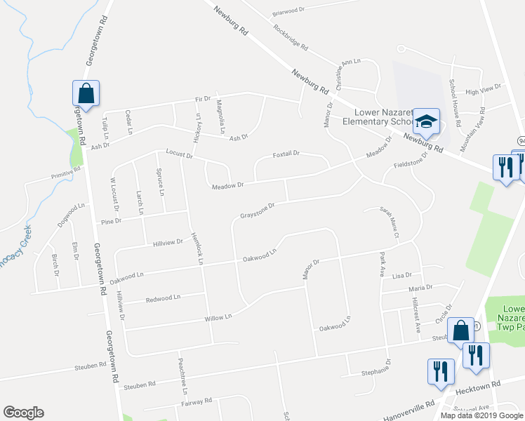 map of restaurants, bars, coffee shops, grocery stores, and more near 4563 Graystone Drive in Nazareth