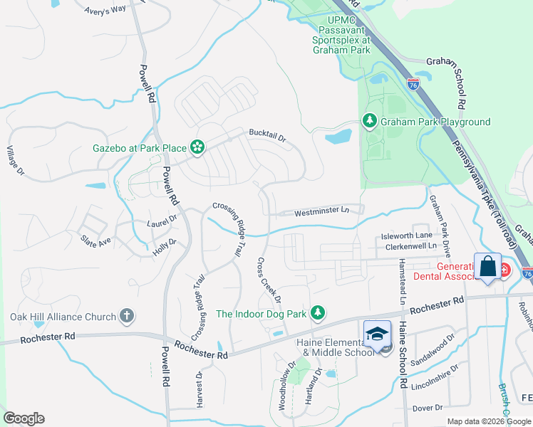 map of restaurants, bars, coffee shops, grocery stores, and more near 312 Cross Creek Drive in Cranberry Township