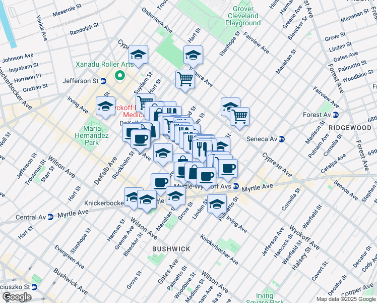 map of restaurants, bars, coffee shops, grocery stores, and more near Greene Avenue & Wyckoff Avenue in Brooklyn